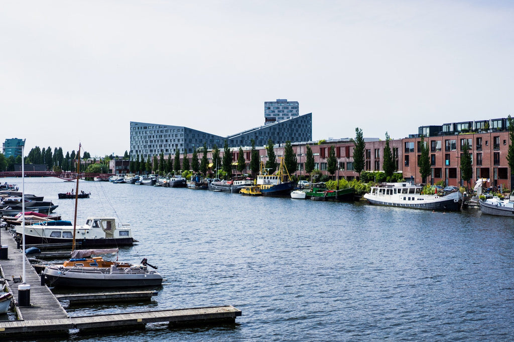Schöner Hafen mit kleinen und großen Booten. Im Hintergrund ein schönes und großes Gebäude.