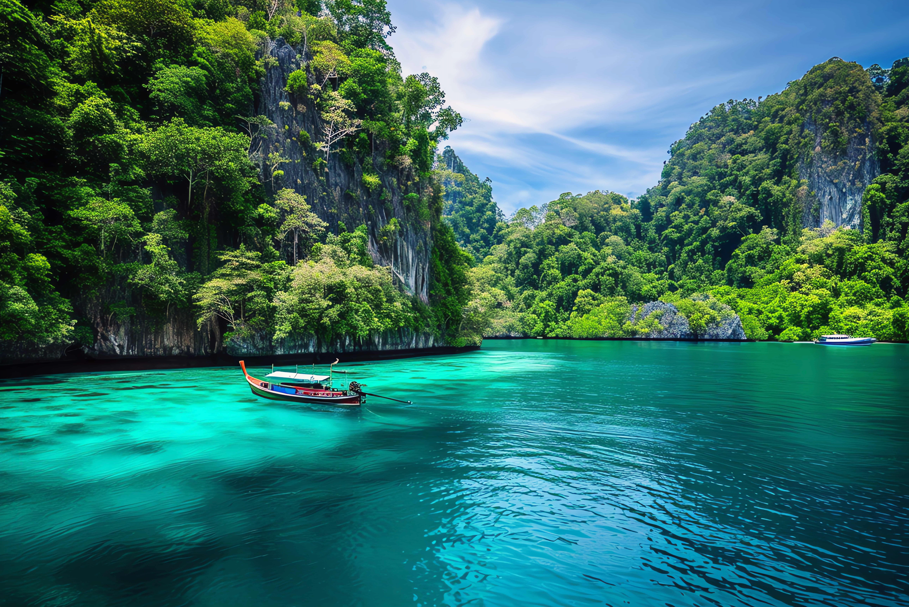 Boot an einer Küste in Krabi mit Wäldern und Felsen im Hintergrund.